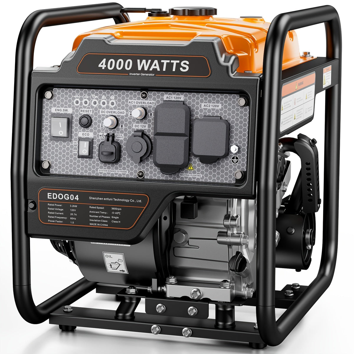 4000W Gas Inverter Generator, Under 3% THD, 30A Outlet