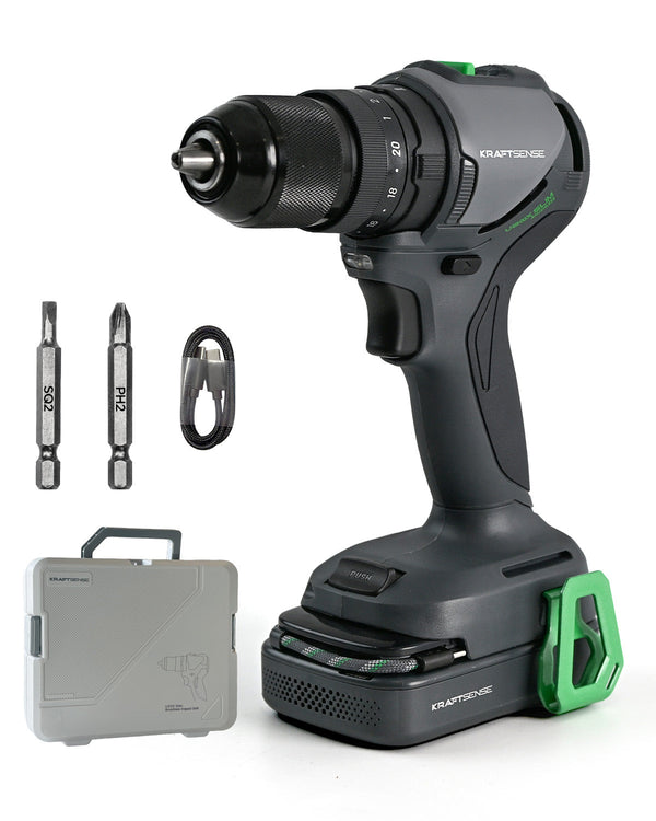 KraftSense U20X Brushless Hammer Drill, 1/2 in Keyless Chuck, 20-Position Torque, with 2.0Ah Battery